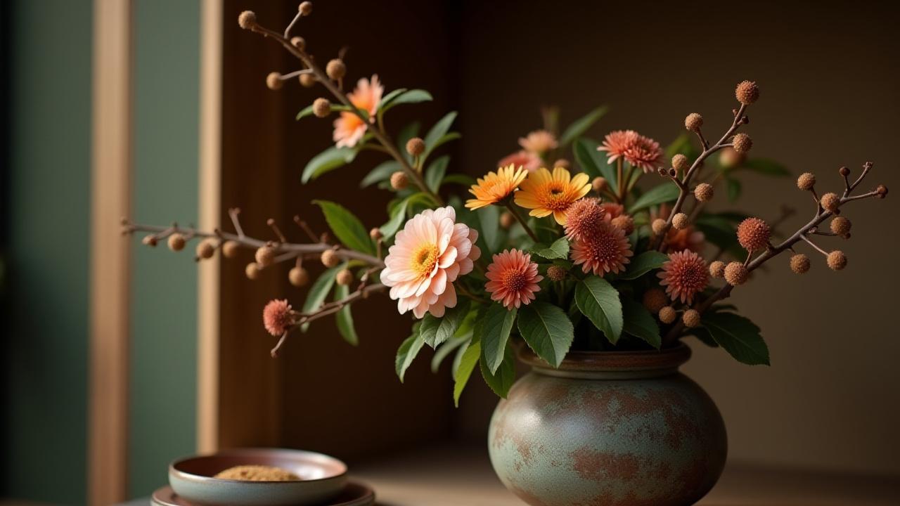 Дисплей тябана (цветочная композиция для чайной комнаты) в нише