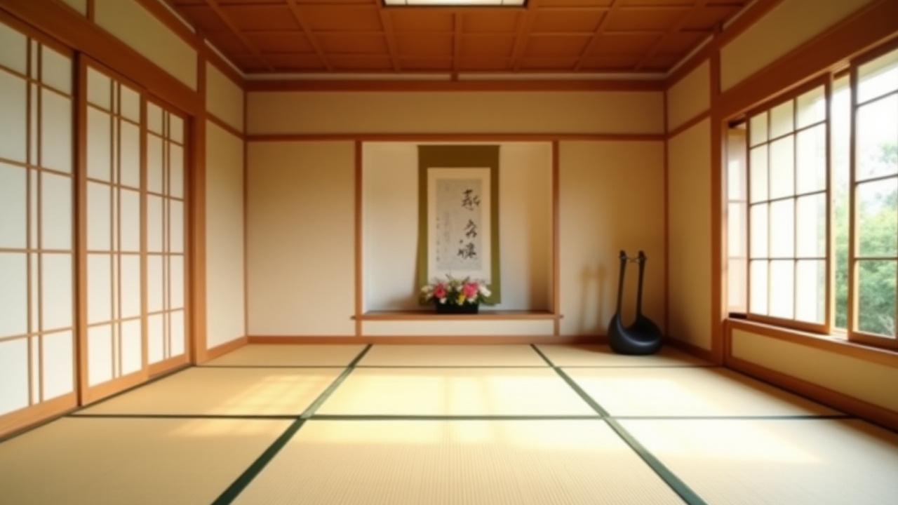 Интерьер чайной комнаты (тяшицу) с татами и минималистичным декором