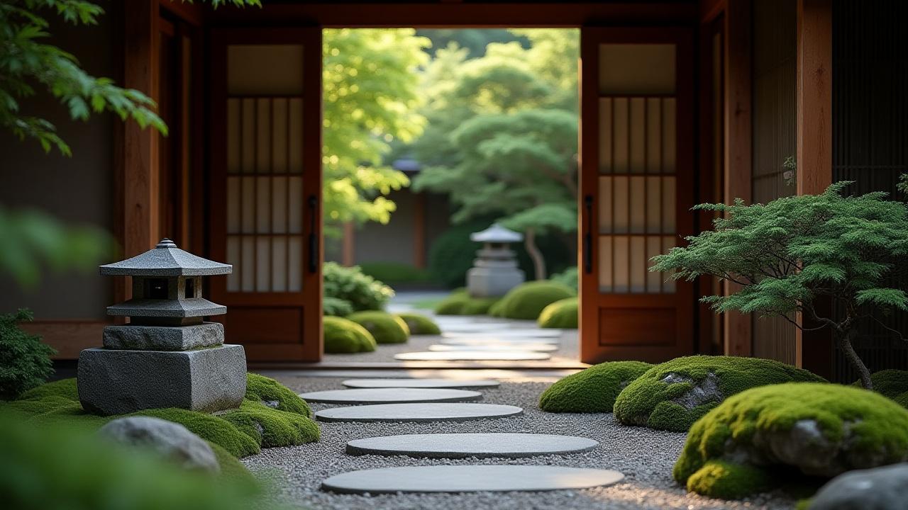 Вход в чайный домик с небольшим японским садом и камнями