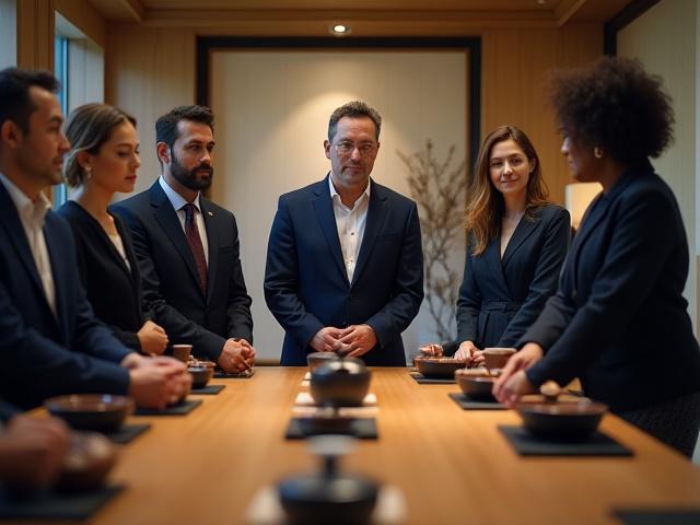 Группа людей, участвующих в частной чайной церемонии в элегантной обстановке.