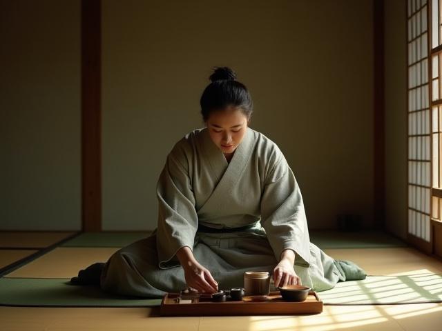 Мастер чайной церемонии демонстрирует элегантные движения при приготовлении чая