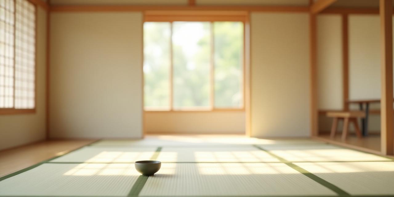 Serene Japanese tea room with traditional tatami mats and sunlight filtering through shoji screens.