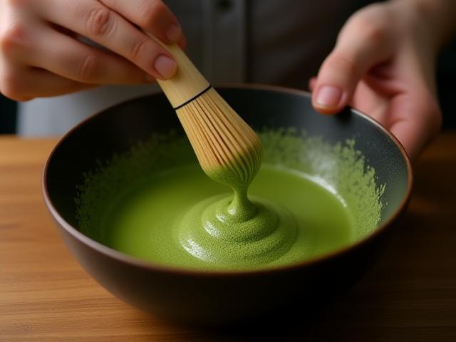 Человек взбивает матча в чаше, демонстрируя чайную церемонию.