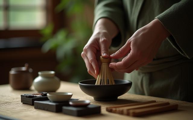 Традиционная японская чайная церемония в действии, человек готовит матча.