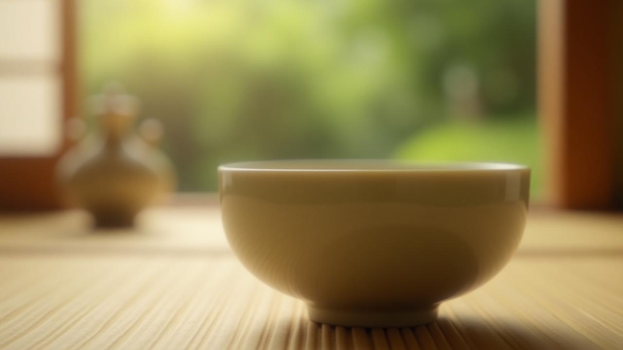 Гармоничная чашка чая матча в традиционной японской чайной комнате, залитой мягким естественным светом.