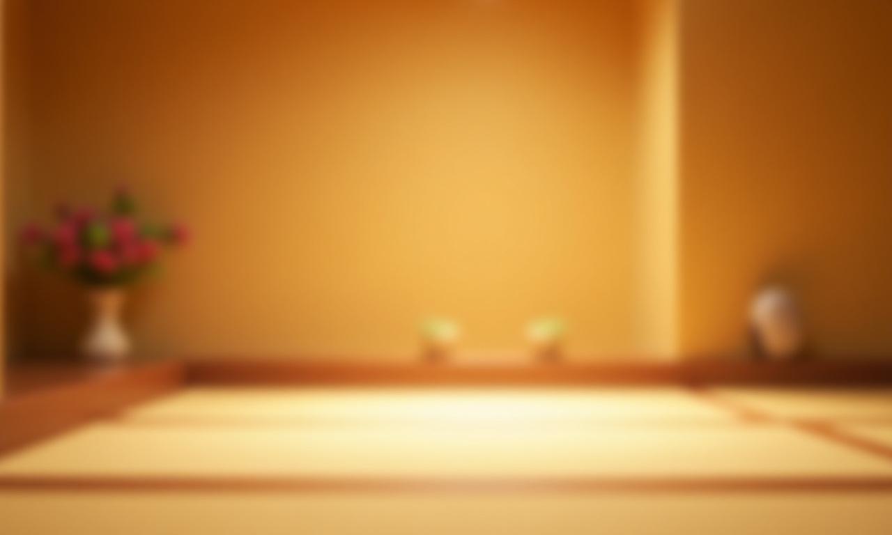 Спокойная японская чайная комната с татами и мягким светом.