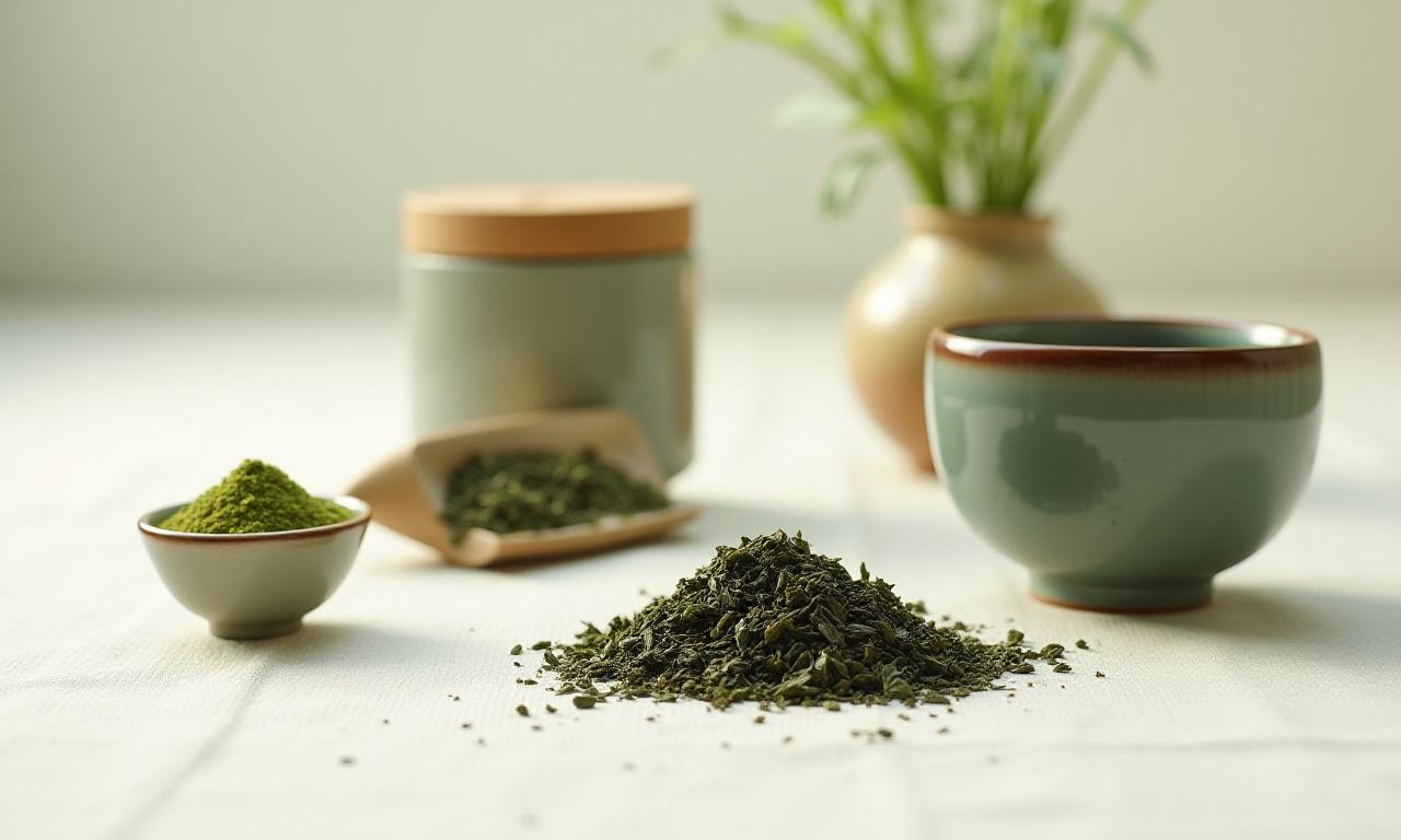 Разнообразные листья японского чая и традиционная чайная посуда